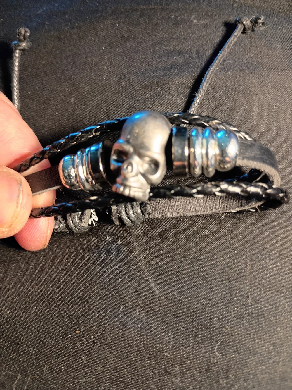Black Leather Skull Bracelet for Men - Stylish Adjustable Wristband